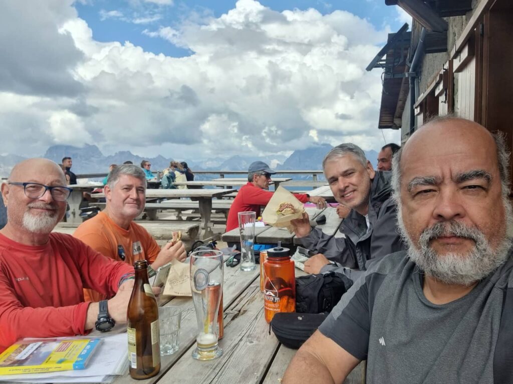 Having a beer at the Nuvolau Refuge