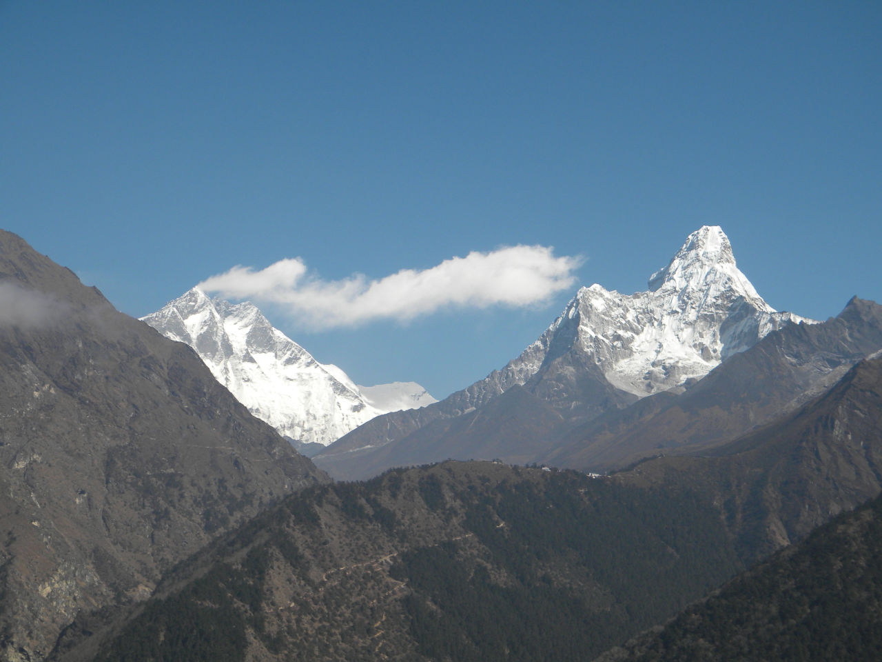 Ama Dablam Mountain 6,814 meters on the right and Mount Everest in the background