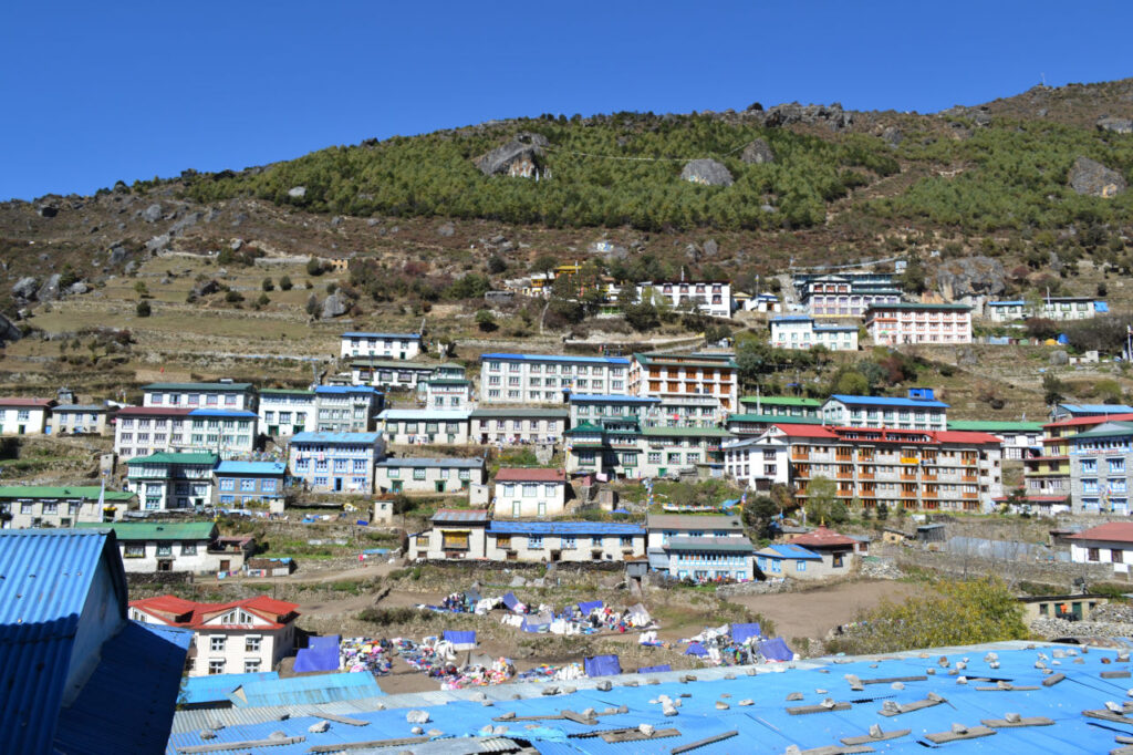 Namche Bazzar view from below towards the mountains - Everest