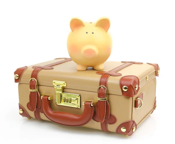 A piggy bank on top of the suitcase