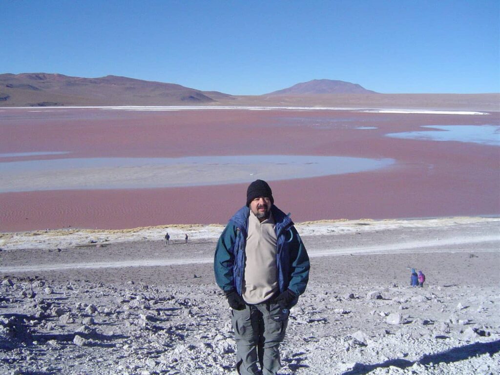 Me at the red lagoon - Uyuni Salt Flat