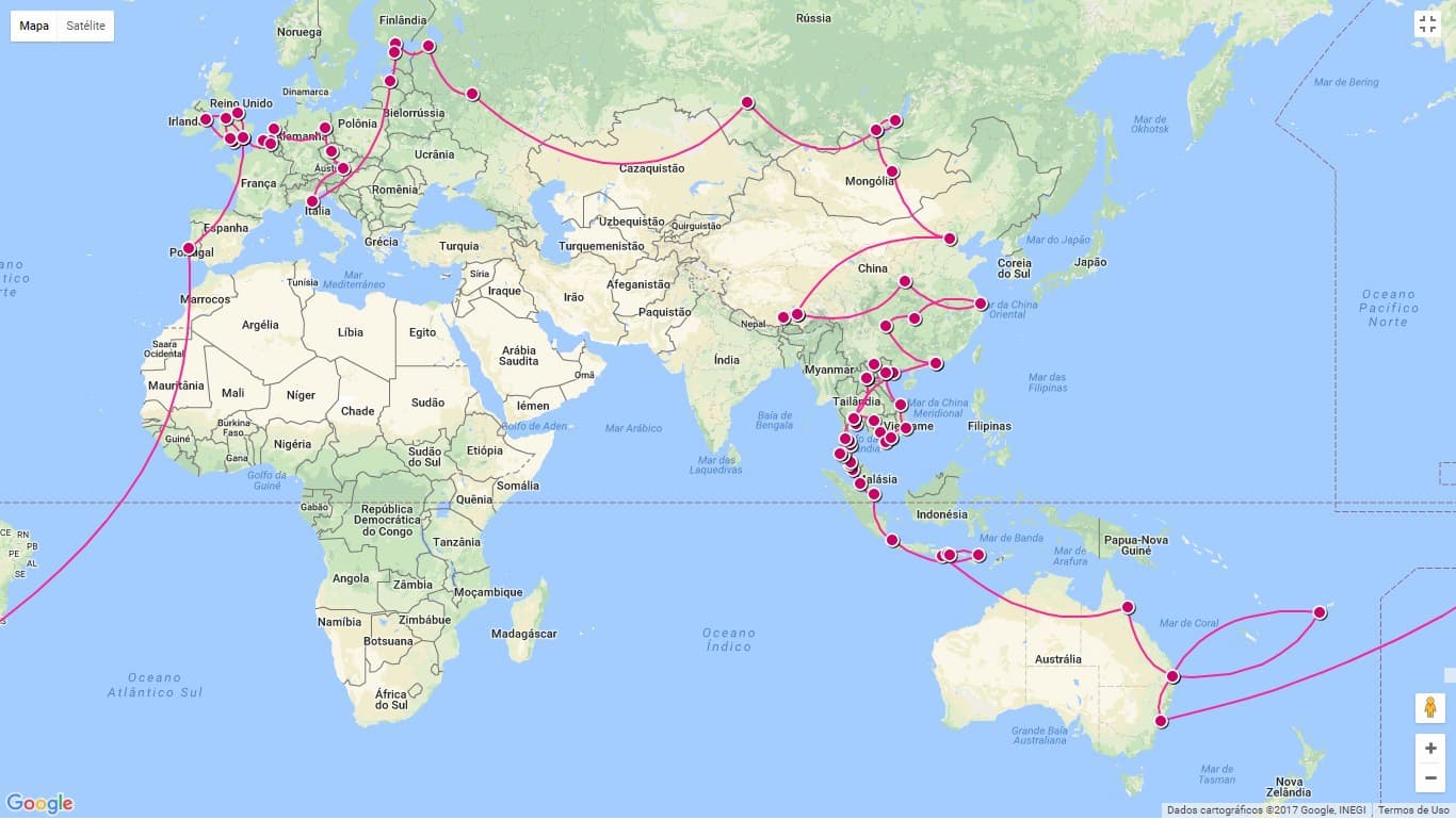 Mapa mundial com o caminho feito na minha Volta ao redor do mundo