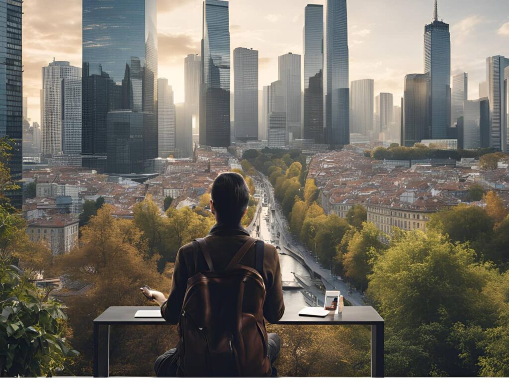 Person looking at the big city from the window of a building