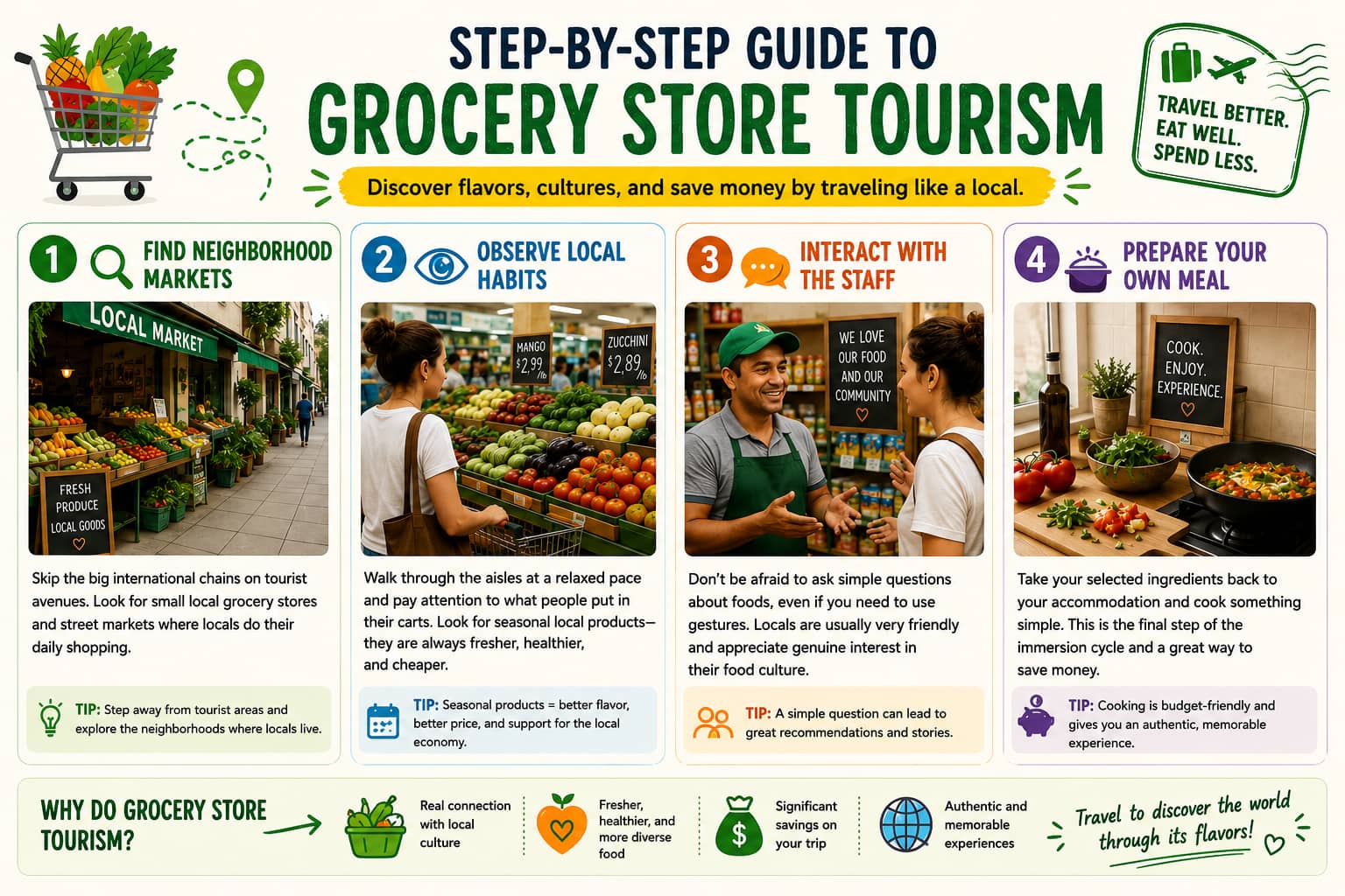 Grocery store tourism - step bt step